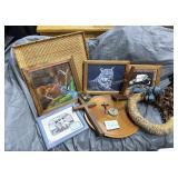 4 various framed pictures, round wood tray, set