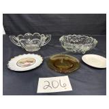 2 Clear Glass Bowls 1 Indiana Glass, 1 Amber