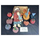 Stuffed apples, wood candle holder, cloth doll