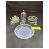 Lot of glass pie plate, 2 covered candies, bell,