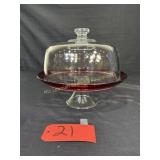 Vintage Ruby Red and Clear Glass Cake plate and