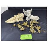 Resin angel figurine, chalk cupid(damaged), brass