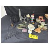 Lot of Yankee candles, wire basket, wall hanging