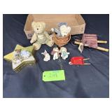 2 Boyd's bears, 3 bunnies, tin, basket, etc.