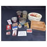 Box of Vintage tins Hershey's, Altoid, Bandaid,