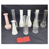 4 Milk glass bud vases, 4 clear and 1 plastic