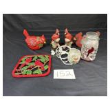 Cardinals: Cast Iron Trivet, Jar, Figurines,