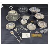 Silver plated bowls, cups, flatware, relish