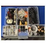 CLEAR STORAGE BINS OF TRAIN PIECES/BULBS, CORDS,