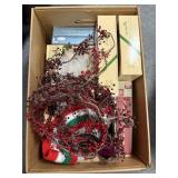 BOX: MISC. CHRISTMAS BULBS, HOLLY GARLAND, DOILES