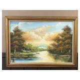 FRAME OIL ON CANVAS RAMON MARKED LAKE W/MOUNTAINS