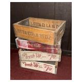 (4) WOODEN SODA CRATES: (2) 7-UP,LOTTA COLA & COKE