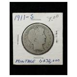 1911-S BARBER HALF DOLLAR