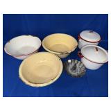 GREEN/CREAM & RED/WHITE ENAMELWARE BOWLS & POTS