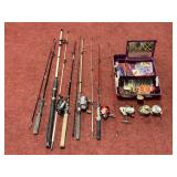 PURPLE TACKLE BOX WITH LURES, REELS: VIBE 30,
