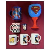 SUPERMAN GOBLET, ELVIS MUGS, 1999 DC COMICS MUG &
