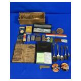 JUNK DRAWER LOT: CLOTH BILLFOLD, PEN SET, PAST