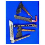 ASSORTMENT OF HAND TOOLS: PICK AXE, SAW, AXE, ETC.