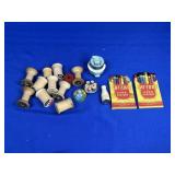 CIGAR BOX: WOODEN THREAD SPOOLS, VINTAGE CRAYONS,