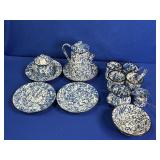 BLUE SPECKLEWARE MUGS, SMALL TEA KETTLE, PLATES