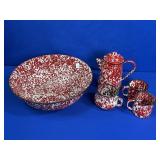 RED SPECKLEWARE BOWL, MUGS AND SMALL TEA KETTLE