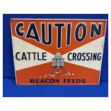 BEACON FEEDS CAUTION CATTLE CROSSING TIN SIGN