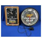 (2) PLASTIC CLOCKS: COORS EXTRA GOLD 17" X 12" &