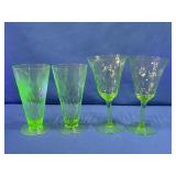 URANIUM GLASS: (2) GOBLETS & 2 LARGE ICE CREAM CUP
