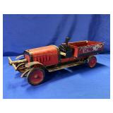VINTAGE UNMARKED WIND-UP TIN CAR WITH DUMP BED