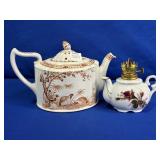 OIL LAMP BASE & FURNIVALS QUAIL TEAPOT APPROX 9.25