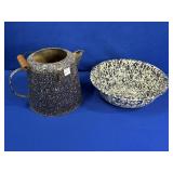 DARK BLUE SPECKLEWARE KETTLE AND BASIN/BOWL