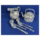 BLUE SPECKLEWARE PITCHER, UTENSTILS & TEA POT