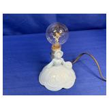 BLUE GLASS LAMP WITH DECORATIVE BULB APPROX 8"