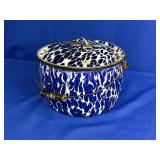 BLUE SPECKLED ENAMAL POT WITH LID APPROX 11"