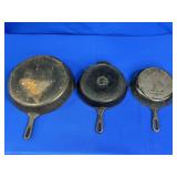 (3) CAST IRON SKILLETS: MARKED-9 INCH SKILLET MADE
