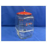 GLASS LANCE CRACKER JAR WITH LID APPROX 12"