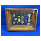 SHADOW BOX W/KINGSTON NY FIRE DEPT BADGES, MEDALS
