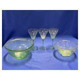 URANIUM GLASS BOWLS & (3) FLUTE STYLE GLASSES