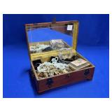 WOODEN BOX WITH COSTUME JEWELRY, JAPAN MARKED
