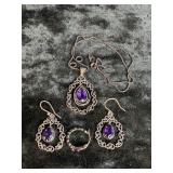 18.4G STERLING NECKLACE & EARRINGS W/ PURPLE