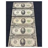 (5) $20.00 US FEDERAL RESERVE NOTES SERIES 1934 &