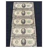 (5) $20.00 US FEDERAL RESERVE NOTES SERIES 1934,