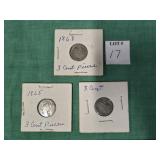 (3) THREE CENT PIECES: (2) 1865 & 1863
