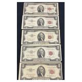 (5) RED SEAL $2.00 CERTIFICATES (1 STAR NOTE)
