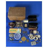 JUNK DRAWER LOT: VINTAGE GLASSES, PINS, DOG TAGS,