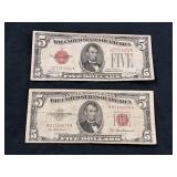 (2) RED SEAL $5.00 CERTIFICATES SERIES 1928 C &