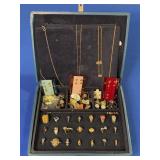 BLUE JEWELRY BOX WITH RINGS, NECKLACES, PINS