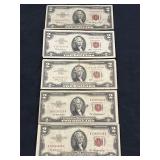 (5) RED SEAL $2.00 CERTIFICATES (1 STAR NOTE)