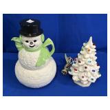 3-PC RIDDELL CERAMIC SNOWMAN PITCHER/JAR &