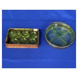 URANIUM GLASS SALT DIPPERS & SECTIONED DISH